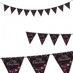 Guirnalda banderines triangulares cumpleanos negro rosa 4 mt