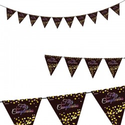 Guirnalda banderines triangulares cumpleanos negro oro 4 mt