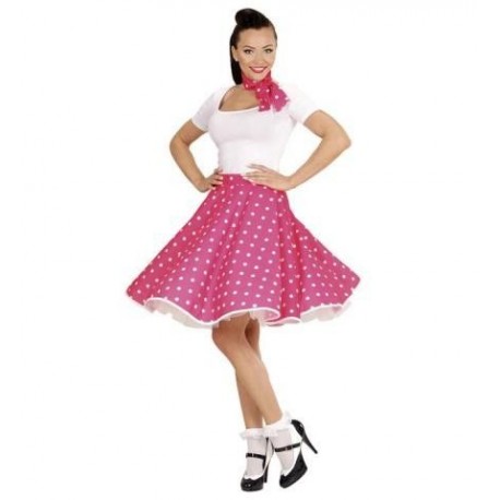 Falda lunares rosa polka anos 50 con panuelo