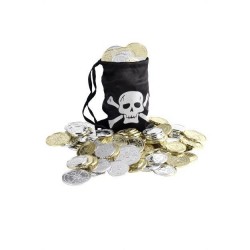 Bolsa monedas pirata con monedas plateadas y dorado