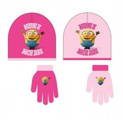 GORRO Y GUANTES MINIONS ROSA INVIERNO