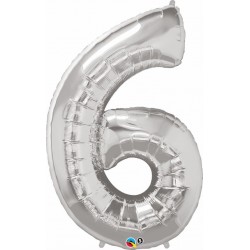 Globo numero 6 plata de foil para helio o aire 86 x 58 cm