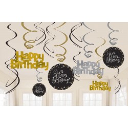 Colgantes espirales para decoracion de cumpleaños oro y negro