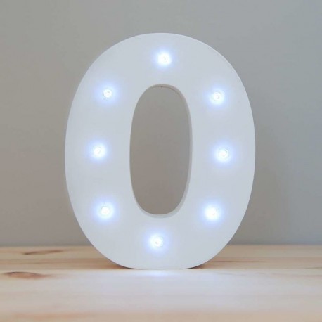 Numero 0 en madera blanca con luz led