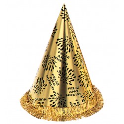 Sombrero cono feliz año nuevo dorado con flecos