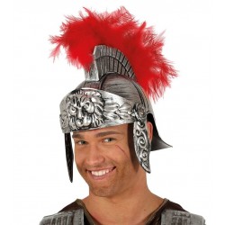 Casco soldado romano plateado con pluma roja