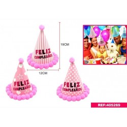 Gorro de cumpleaños rosa con pompones 20x13 cm infantil niña